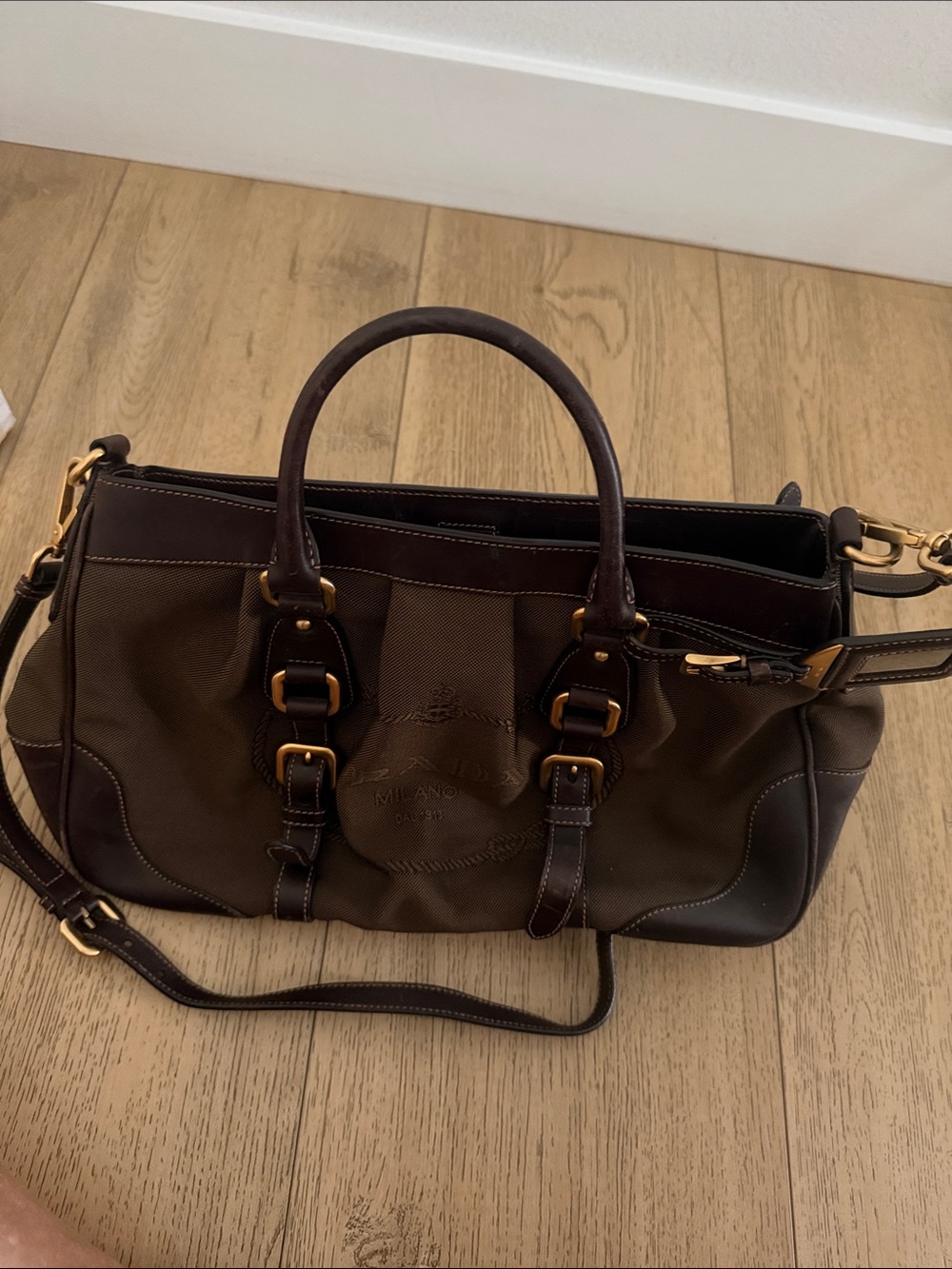 Prada Dark Brown Leather & Canvas Shoulder Bag with Gold Hardware - Picture 3 of 3